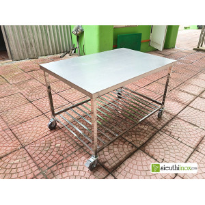 Bàn inox 2 tầng có bánh xe, 1200x600