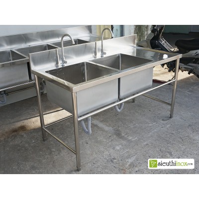 Chậu rửa inox công nghiệp 2 hố có bàn để đồ 1500x700 Chậu rửa inox công nghiệp 2 hố có bàn để đồ 1500x700
