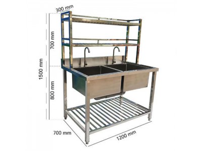 Chậu rửa công nghiệp 2 hố có kệ để đồ, 1200x700