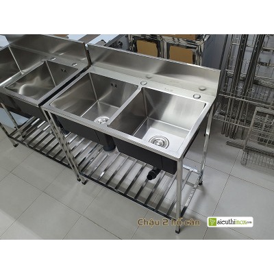 Chậu rửa 2 hố cân kèm chân, có thành chắn, 8245CTC