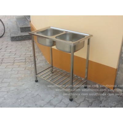 Chậu rửa bát inox 2 hố, cr-BD5C, có chân và sàn để đồ