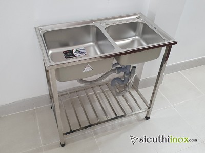 Chậu rửa bát inox kèm chân, inox 304, 2 hố lệch, S80 Sơn Hà