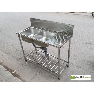 Chậu rửa 2 hố 1 bàn có sẵn chân giá, thành chắn, S105TC