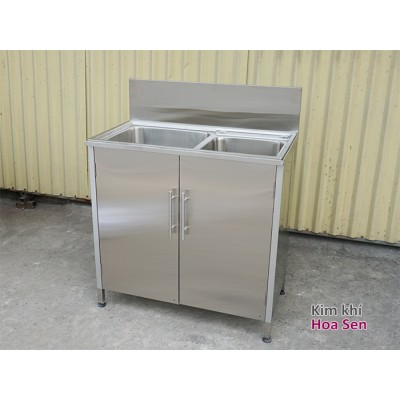 Tủ chậu rửa inox 2 hố lệch, inox 304