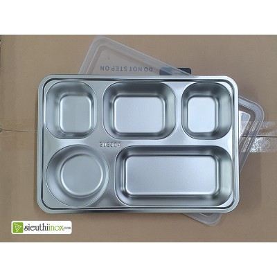 Khay cơm inox, khay cơm văn phòng loại 5 ngăn, 5N3323, có nắp