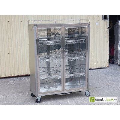 Tủ inox đựng bát đĩa cánh kính có bánh xe Tủ inox đựng bát đĩa cánh kính có bánh xe