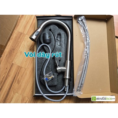Vòi rửa bát nóng lạnh dây rút inox