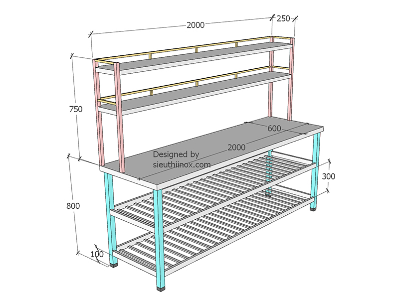 bản vẽ bàn inox 3 tầng có giá trên