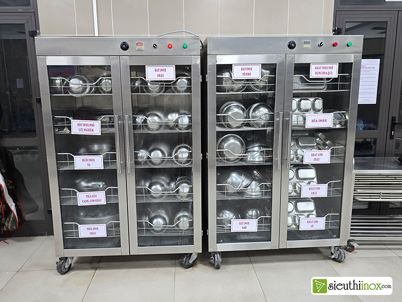 Tủ sấy bát đĩa inox bếp ăn, có bánh xe