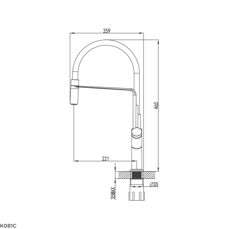 kích thước vòi rửa chén bát dây rút Malloca K081c