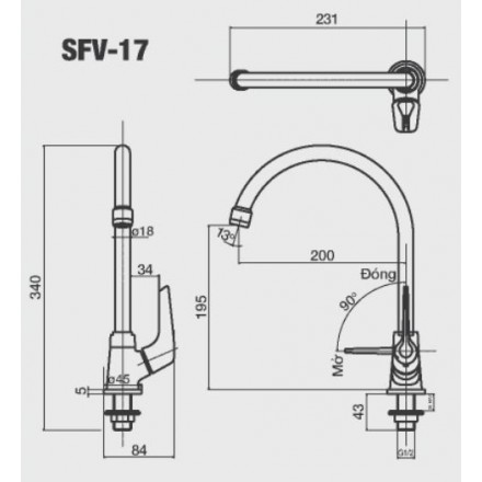 Kích thước vòi rửa bát SFV-17