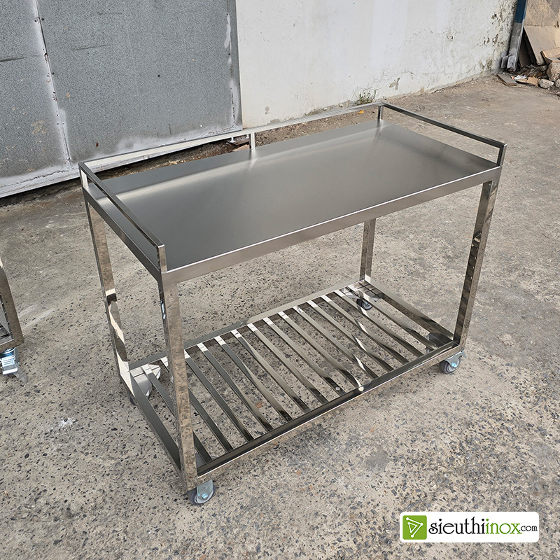 Kệ inox 2 tầng có bánh xe, xe đẩy inox 2 tầng