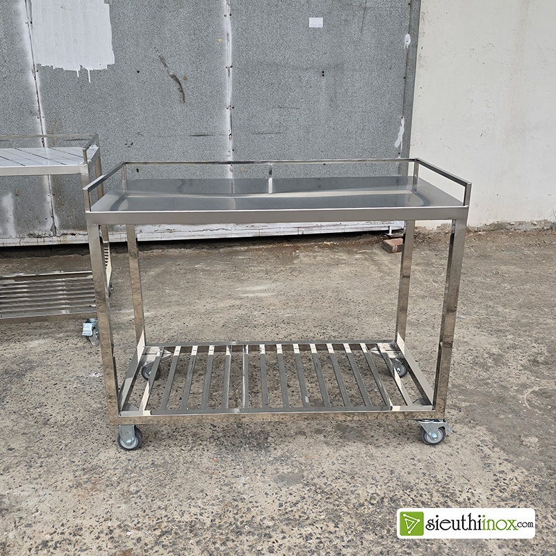 Kệ inox 2 tầng có bánh xe, xe đẩy inox 2 tầng