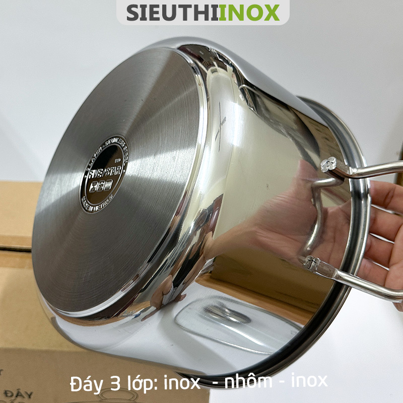 nồi inox 3 đáy 24cm, fivestar, nắp kính